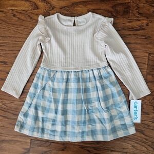 NEW Carter's 2T Toddler Girl Long Sleeve Dress Beige Blue Plaid